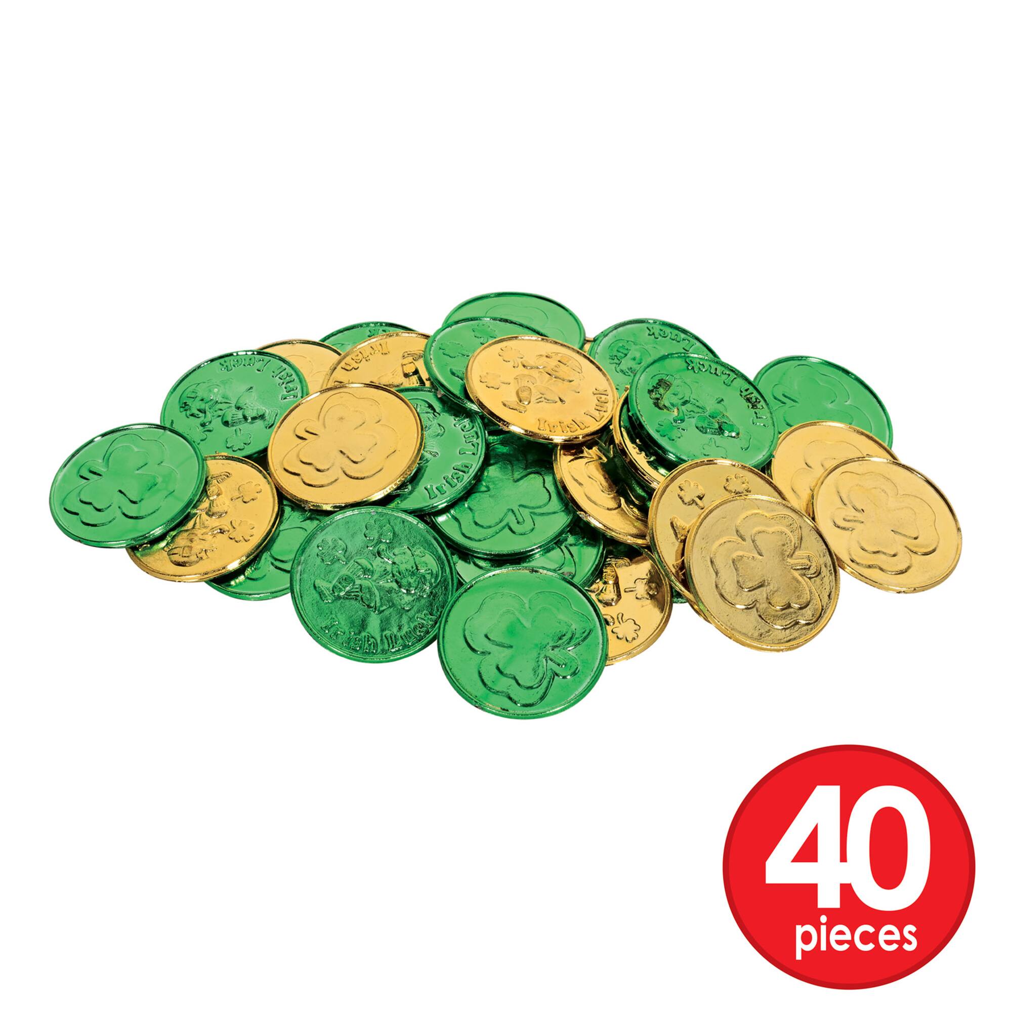 Besitle 1.5" Green & Gold Plastic Lucky Leprechaun & Shamrock Coins, 40ct.